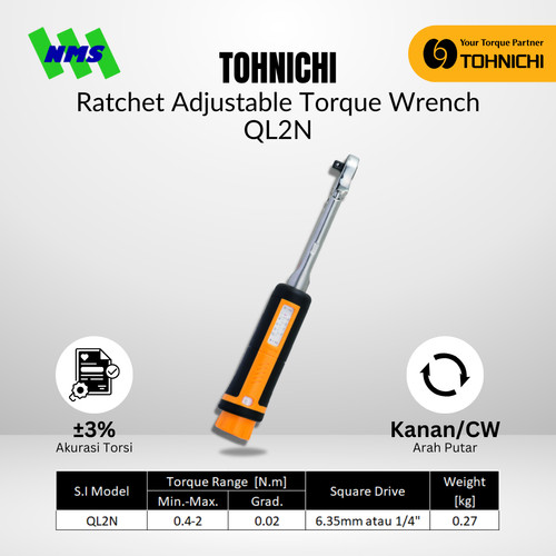 Kunci Torsi QL2N 1/4" 0.4 - 2 Nm TOHNICHI Torque Wrench