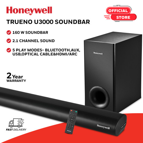 Honeywell Trueno U3000 160W Soundbar with Wired Subwoofer, 2.1 Channel Sound, 57.15 mm*4 Drivers, Bluetooth V5.0+EDR, with Remote, EQ Mode, 5 Play Modes-BT, Audio Jack, USB, Optical & HDMI/ARC