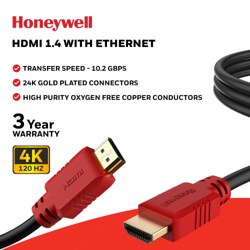 Honeywell HDMI Cable v1.4 with Ethernet, 3D/4Kx2K Ultra HD Resolution, 10.2 GBPS Transmission Speed, Compatible with All HDMI Devices Laptop Desktop TV Set-top Box Gaming Console