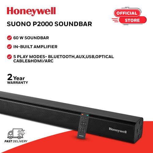 Honeywell Suono P2000 60W Soundbar (94cms), 2.0 Channel Stereo Sound, 51mm*4 Drivers, Bluetooth V5.0 (10m Range), with Remote, 3 EQ Mode, BT, AUX, USB, Optical & HDMI-2 Years Warranty