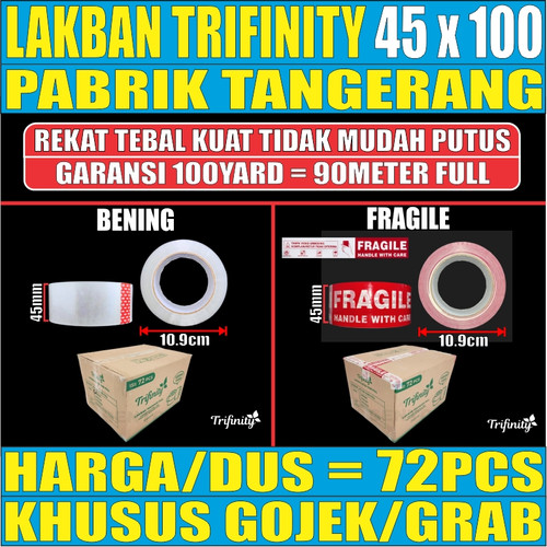 Lakban Bening Atau Lakban Fragile Trifinity Garansi 90M 45mmx100yard dus Rekat Kuat Tebal Dus Gjk