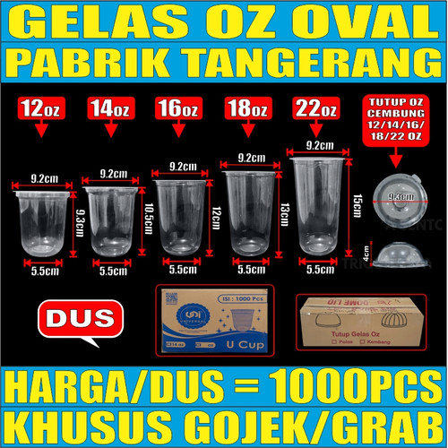 Gelas oz Oval 12oz 14oz 16oz 18oz 22oz Per Dus Bening Cup Plastik Gjk