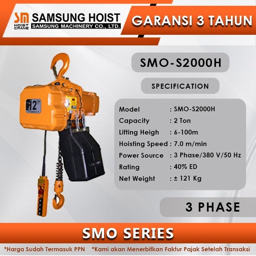 Electric Chain Hoist Samsung SMO Series 3 Phase SMO-S2000H