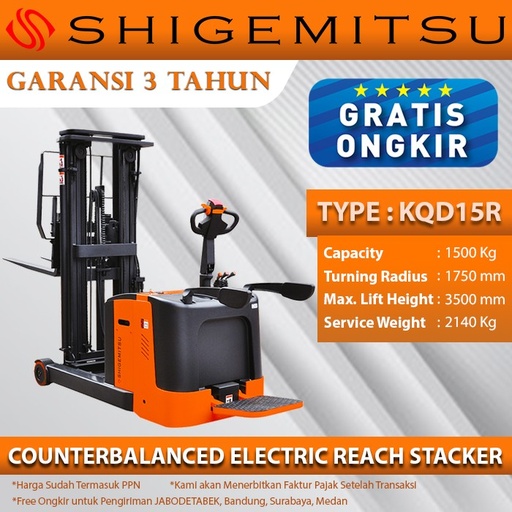 Shigemitsu Counterbalanced Electric Reach Stacker KQD15R 1150 3500