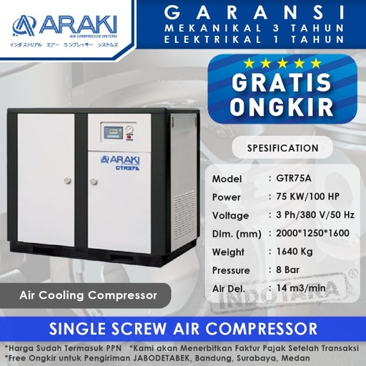 Kompresor Angin Araki GTR 75A 100HP 8BAR Air Cooling Compressor