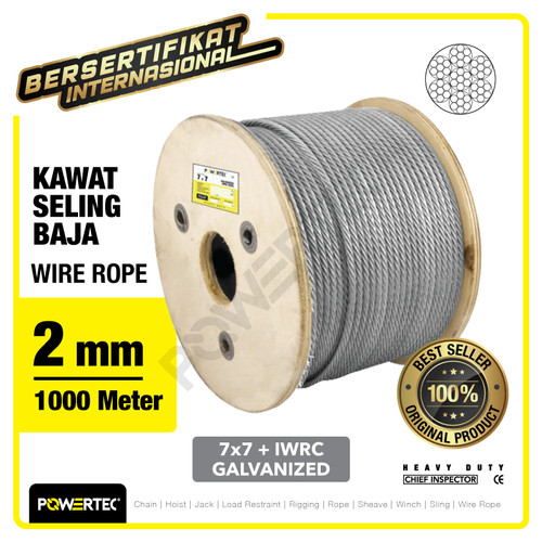 Wire Rope / Kawat Seling Baja 7x7 IWRC 2mm Galv POWERTEC - 1000m