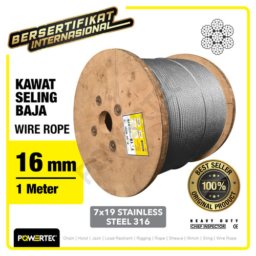 Wire Rope / Kawat Seling Baja 7x19 SS 316 16mm POWERTEC - 1 Meter