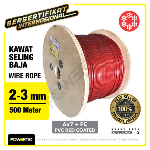 Wire Rope / Kawat Seling Baja 6x7 FC PVC 2-3mm Merah POWERTEC - 500m