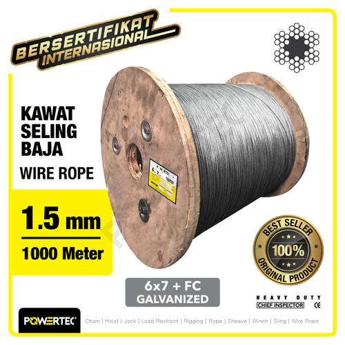 Wire Rope / Kawat Seling Baja 6x7 FC 1.5mm Galv POWERTEC - 1000m