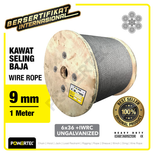 Wire Rope / Kawat Seling Baja 6x36 IWRC 9mm Ungalv POWERTEC - 1 Meter