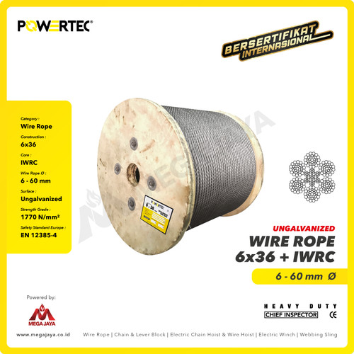 Wire Rope / Kawat Seling Baja 6x36 IWRC 38mm Ungalv POWERTEC - 1 Meter