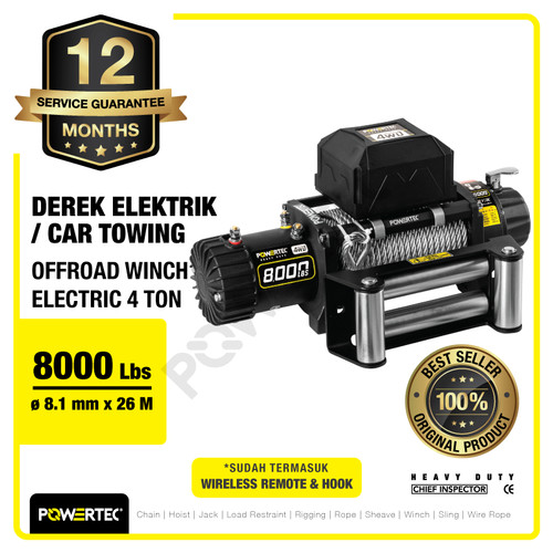 Offroad Winch Derek Elektrik 8000lbs x 26m 12V Car Towing POWERTEC