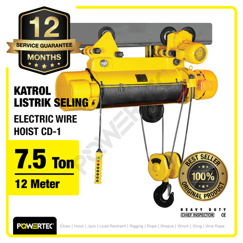 Electric Wire Rope Hoist 7.5 Ton x 12 Meter 3 Phase CD-1 POWERTEC