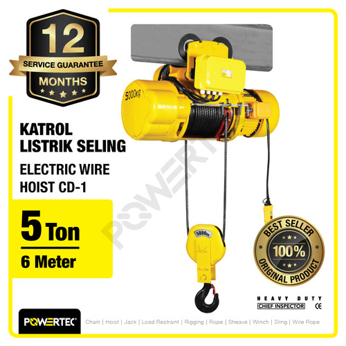 Electric Wire Rope Hoist 5 Ton x 6 Meter 3 Phase CD-1 POWERTEC