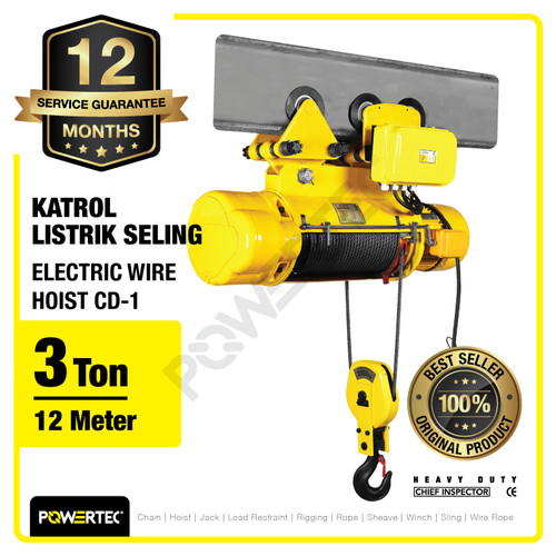 Electric Wire Rope Hoist 3 Ton x 12 Meter 3 Phase CD-1 POWERTEC