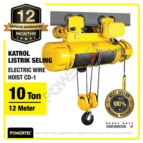 Electric Wire Rope Hoist 10 Ton x 12 Meter 3 Phase CD-1 POWERTEC