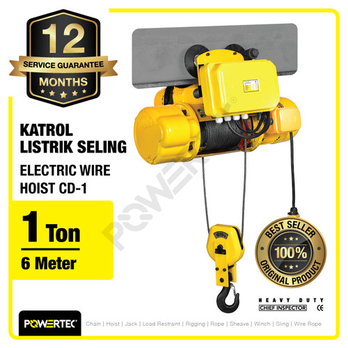 Electric Wire Rope Hoist 1 Ton x 6 Meter 3 Phase CD-1 POWERTEC