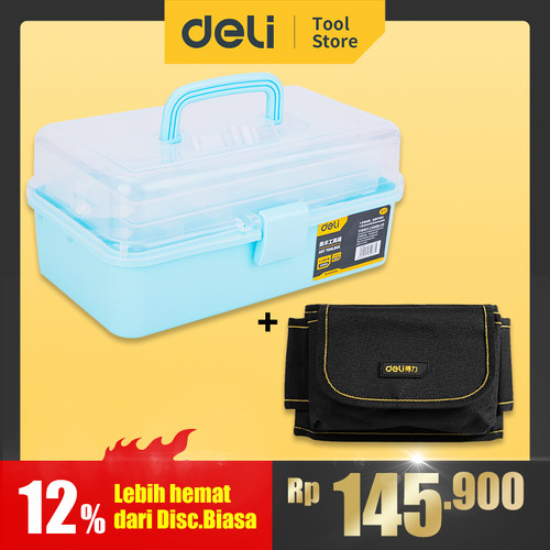 Deli Tool Box 13 Inch 2 Tingkat + Tas Perkakas Pinggang Panjang 15cm