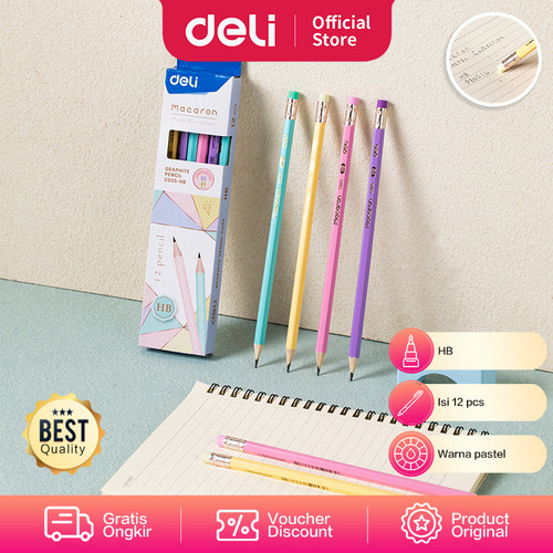 Deli Graphite Pencil / Pensil Kayu HB 12pcs Pastel Penghapus EC025-HB