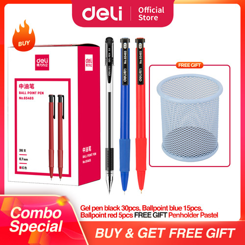 DELI Paket Hemat 11 - Pulpen Gel Hitam, Ballpoin Merah, Tempat Pulpen