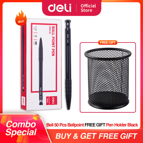 DELI Paket Hemat 1 - Ballpoin 50pcs & Tempat Pensil Hitam Bulat