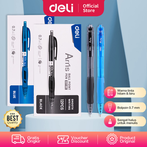 Deli Ballpoint Pen Pulpen 0.7mm Tinta Hitam & Biru Isi 12pcs/box EQ17