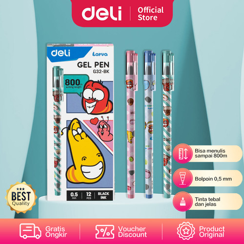 Deli School Gel Pen / Pulpen Gel Kartun Larva 0.5mm Isi 12pcs/box EG32