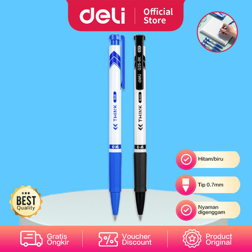 Deli Ballpoint Pen/Pulpen 0.7mm Tinta Hitam Biru Penulisan Halus EQ25