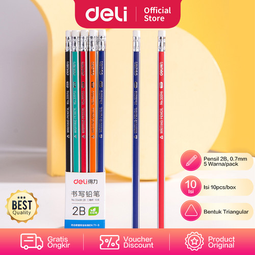 Deli Graphite Pencil / Pensil Kayu 2B Isi 10pcs Dengan Penghapus 33408