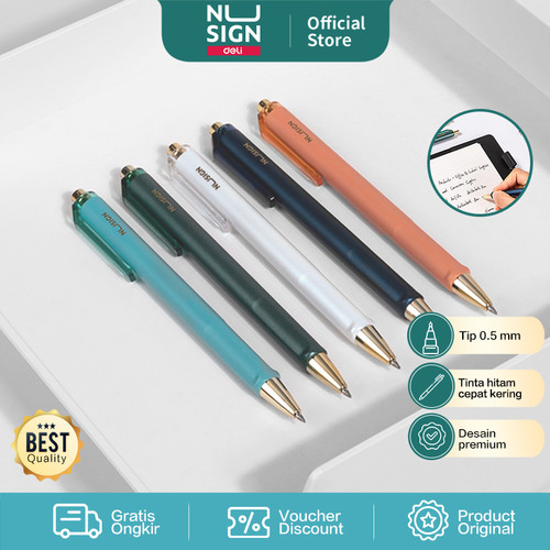 Deli Nusign Gel Pen Retractable 0.5mm Tinta Hitam dengan Klip NS557