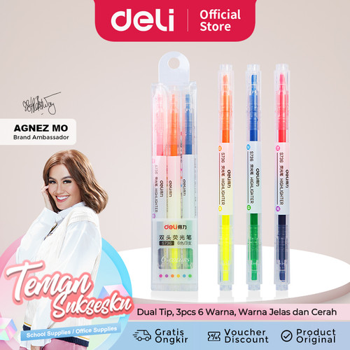 Deli highlighter ujung 2 warna 3pcs/pak 6 warna S736