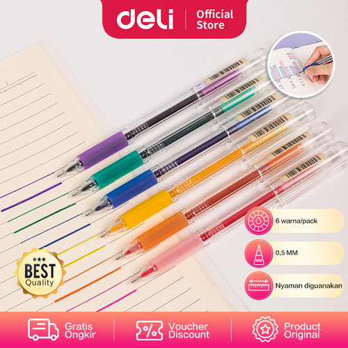 Deli Pulpen Gel 6 Warna Cerah 0.5mm A125