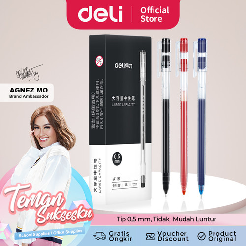 Deli Gel Pen Pulpen Gel warna Hitam/Biru 0.5mm A116