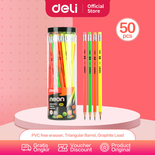 Deli EU51806 Grafit Pensil Kayu 50 Pcs/Tube 4 Warna dengan penghapus