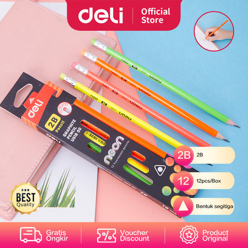 Deli EU51800 Grafit Pensil Kayu 12 Pcs/Box 4 Warna dengan Penghapus