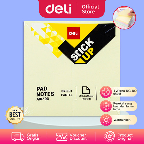 Deli EA01703 Memo - Sticky Notes 76×76mm 3''×3'' 4×100sheets