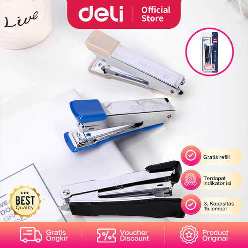 Deli Stapler / Stepler Steples Jepretan 15 Lembar Gratis Refill E0214