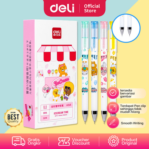 Deli School Gel Pen / Pulpen Gel Kakao Friends 0.5mm Isi12pcs/box A518