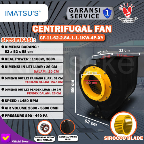 Centrifugal Fan Blower Keong 1.1KW 1.5HP 220V Kipas Hisap Sirocco