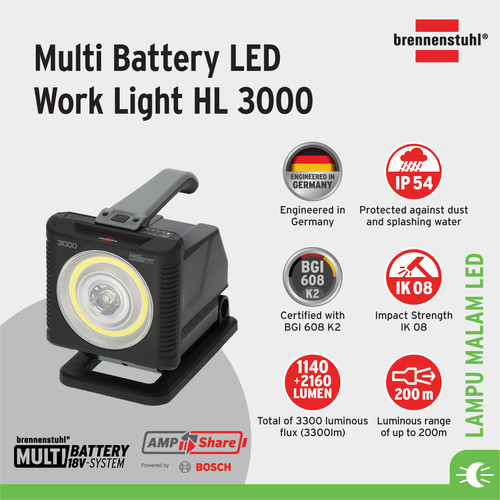 Multi Battery LED Battery Portable Work Light HL 3000, 1140 + 2160lm