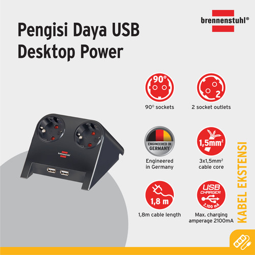 Brennenstuhl Desktop-Power 2-Socket dengan USB-Charger - 1153500222