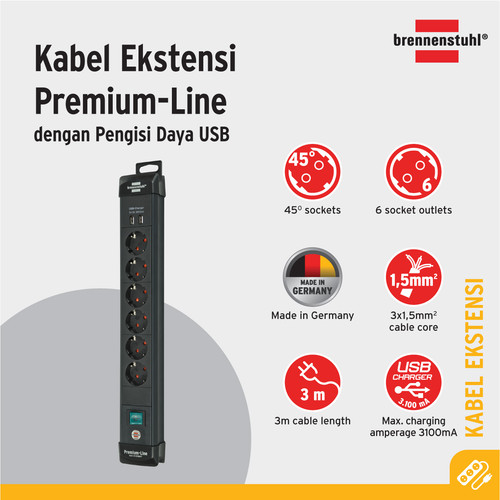 Brennenstuhl Premium-Line 6-Soket + 2 USB Charger Black-1951160602