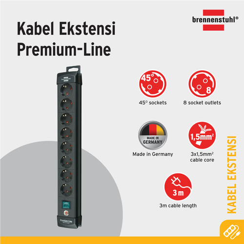 Brennenstuhl Premium-Line 8-Soket Black Stop Kontak - 1951180100