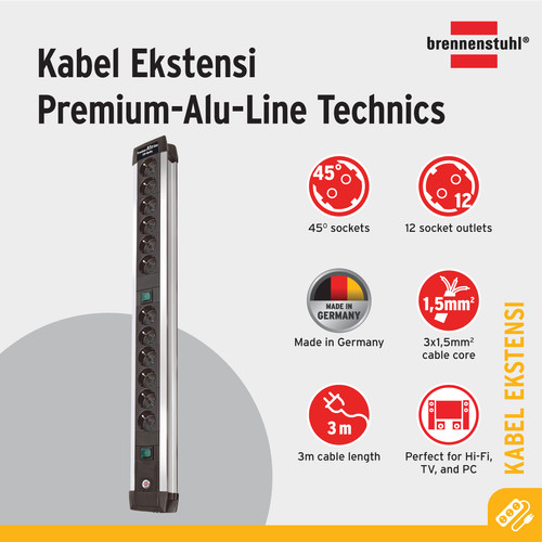 Brennenstuhl Premium-Alu-Line Technics 12-Soket Stop Kontak-1391000012