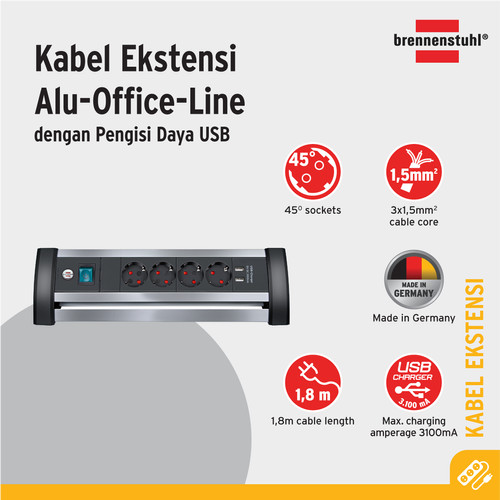 Brennenstuhl Alu-Office-Line 4-Soket Stop Kontak + USB - 1394000534