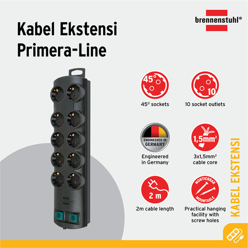 Primera-Line extension socket 10-way black 2m H05VV-F 3G1,5