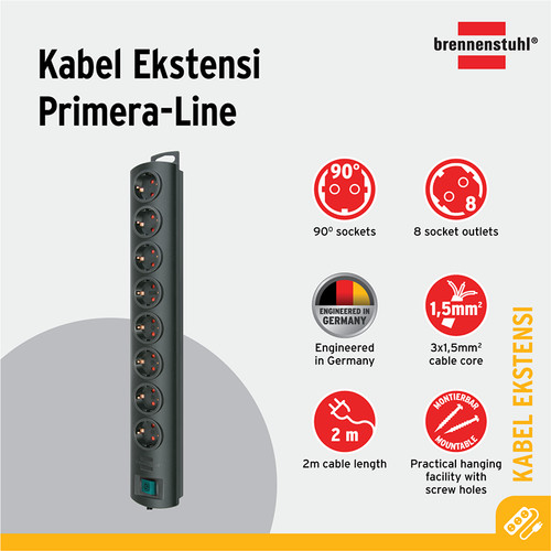 Primera-Line extension socket 8-way black 2m H05VV-F 3G1,5