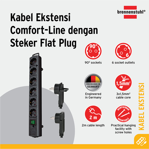 Comfort Line Plus Extension Socket with Flat Plug Brennenstuhl 6way 2m