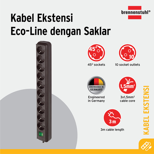 Brennenstuhl Eco-Line Stop Kontak dengan Switch 10-Soket Hitam 3m