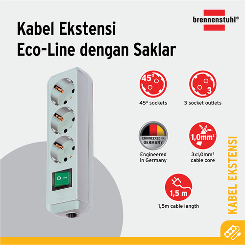 Brennenstuhl Eco-Line Stop Kontak dengan Switch 3-Soket Abu-Abu 1,5m